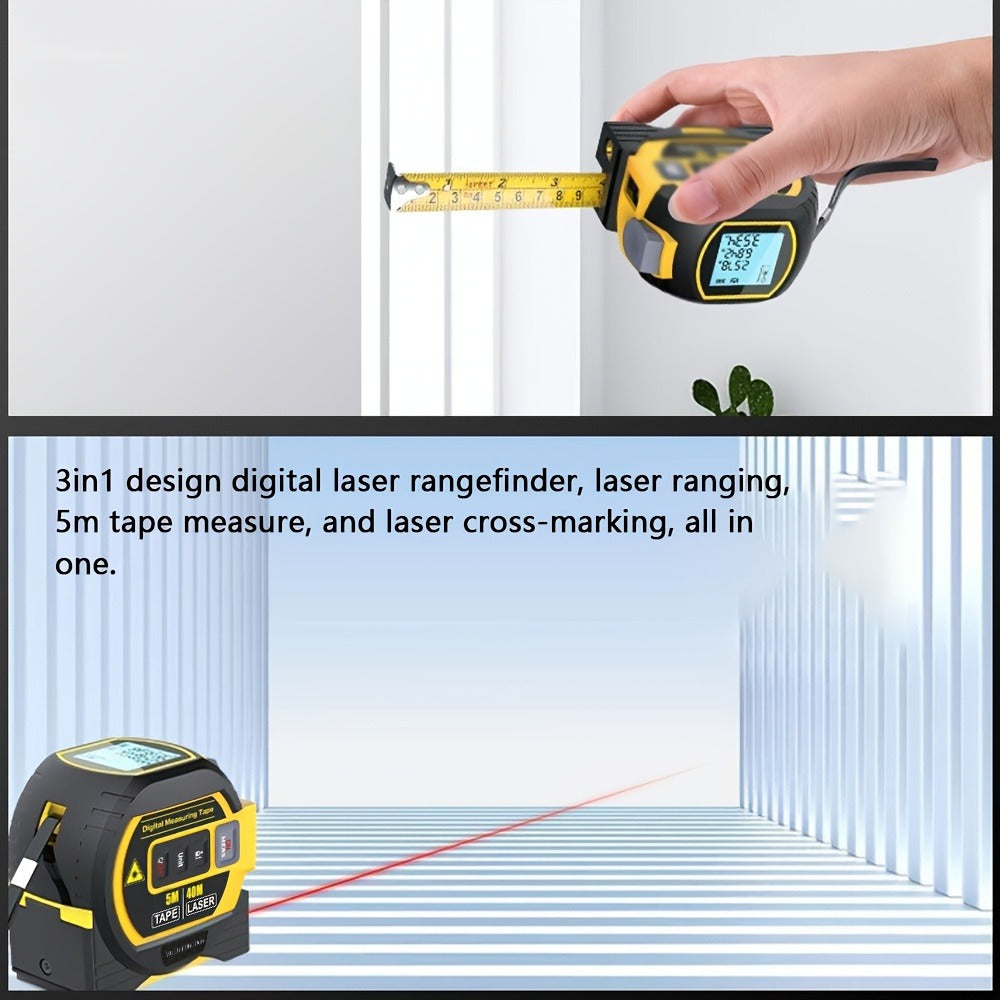 Laser Distance Meter 3-in-1 60M Laser Rangefinder with 5M Tape Measure Laser Cross Line Area for Entryways, Bedrooms and Living Spaces
