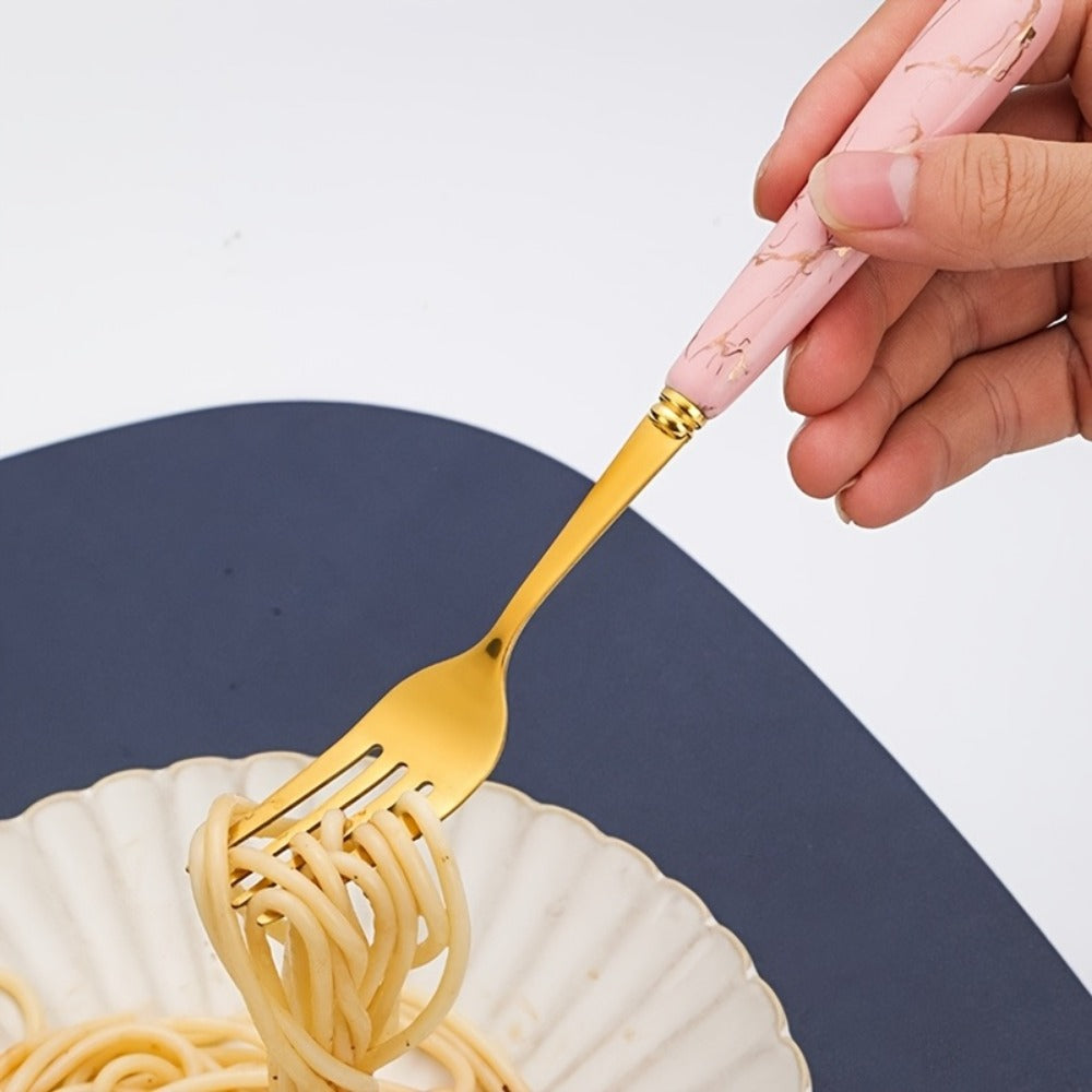 Marble Pattern Cutlery Set 24pcs – Dinner Forks Soup Spoons Teaspoons for Home Hotel Restaurant