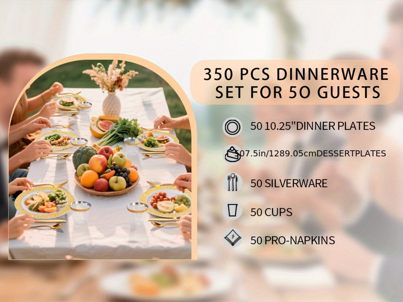 Gold Disposable Dinnerware Set for 50 Guests 350pcs, Includes Dinner Plates, Dessert Plates, 9oz Cups with Gold Rim