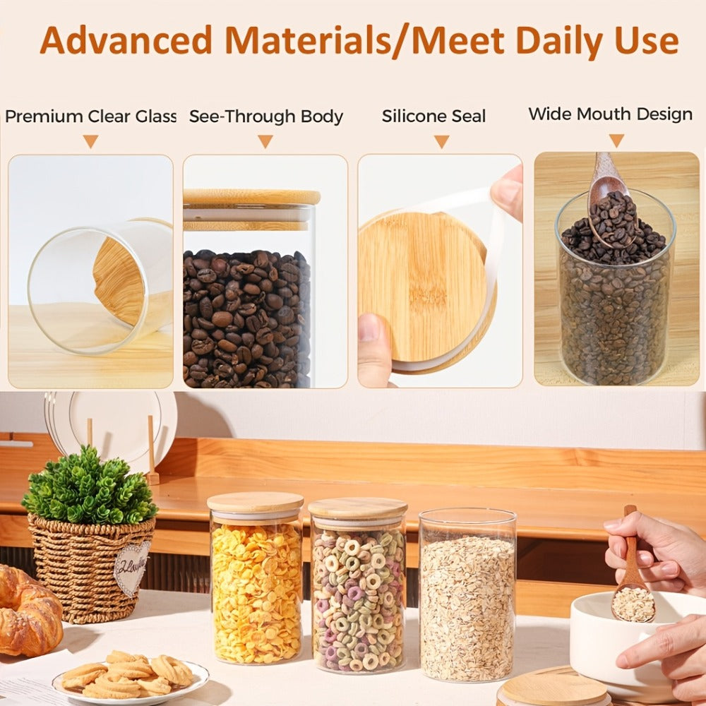 Food Storage Containers Six-Piece 32 oz Glass Jar Set with Bamboo Lids, Labels and Pen for Pantry Storage