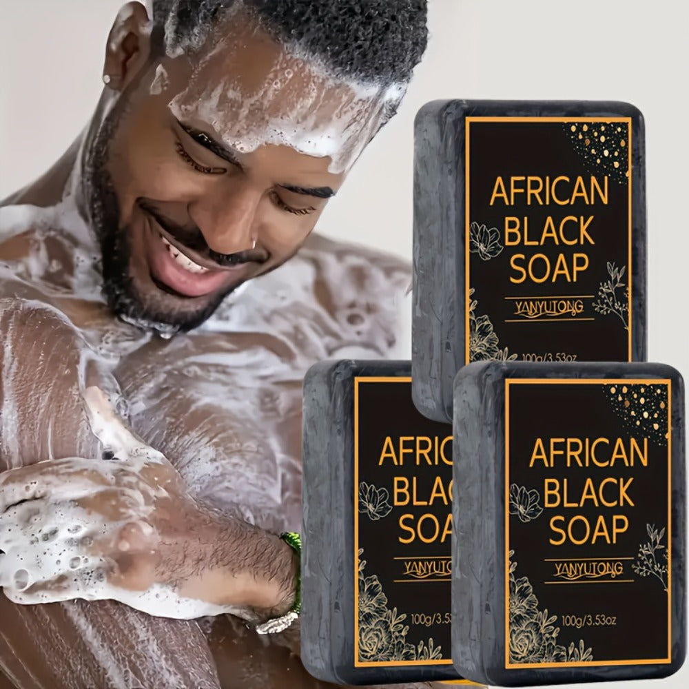 African Black Soap Bar 3-Pack 100g Each with Shea Butter & Coconut Oil – Deep Cleansing Moisturizing Face & Body Wash