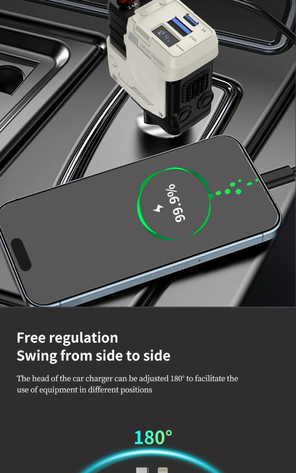 120W Fast Car Charger 4-in-1 with Retractable PD 3.0 Type-C Cable & Multi-Port USB Adapter