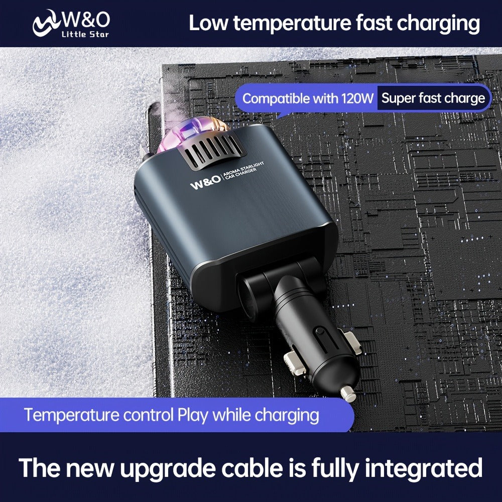 3-in-1 Car Charger, Air Freshener & Starry Sky Ceiling Light – Retractable Type-C & Lightning Cable, Aromatherapy Perfume