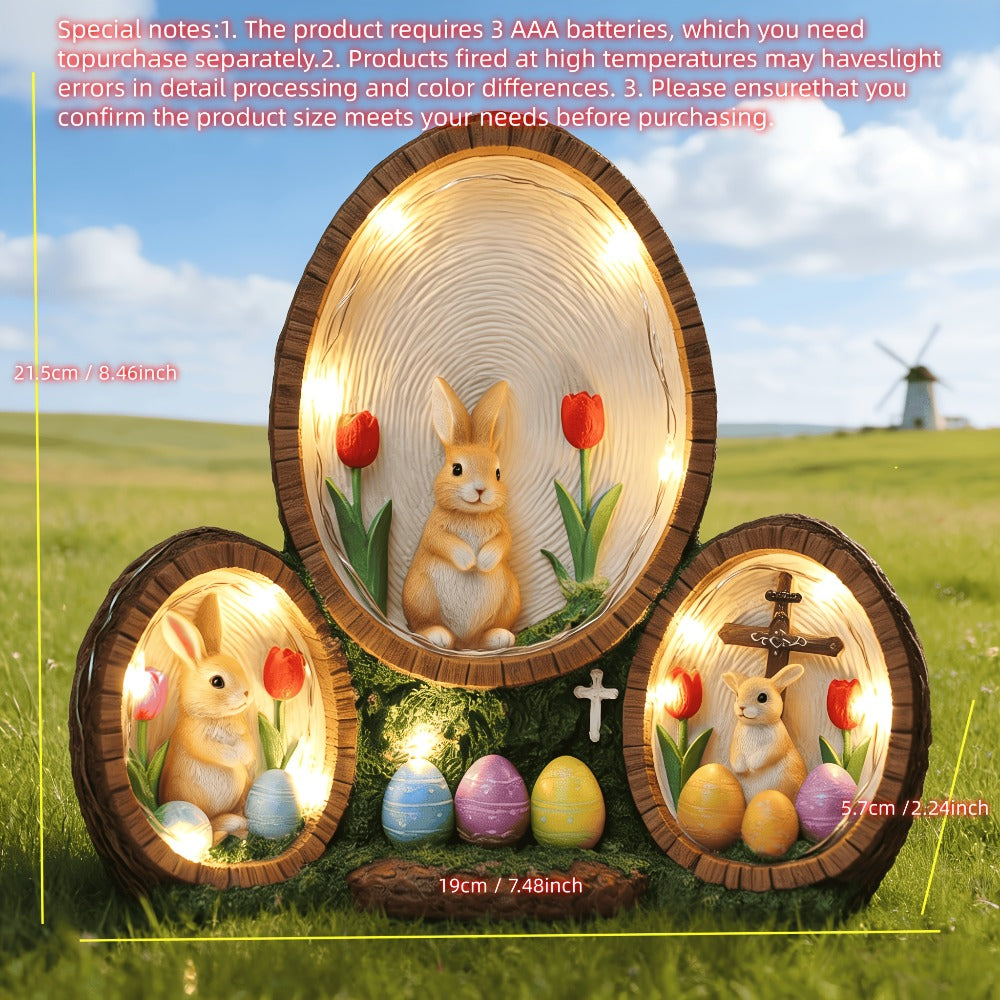Handmade Resin Easter Egg Ornament - Painted Tulip Rabbit & Cross Decoration, Glowing Home Decor Accent for Easter