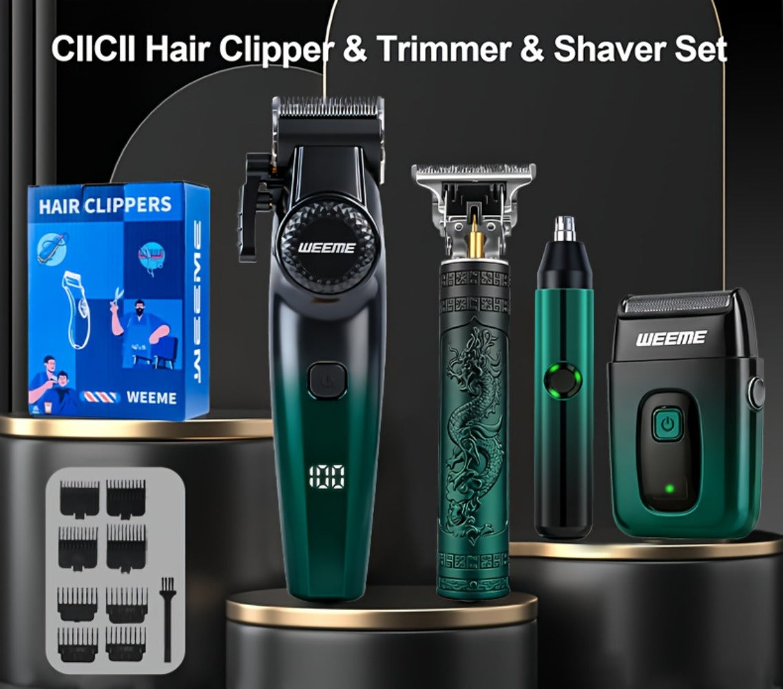 Hair Cutting Set 4pcs Professional - Electric Hair Clipper, Electric Shaver, T-Blade Trimmer & Nose Hair Trimmer