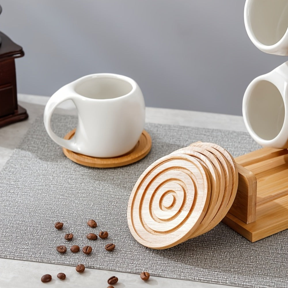 Ceramic Coffee Cup Set of 6 with Wooden Coasters & Cup Holder, 200ml Latte Cappuccino Espresso Tea Mugs