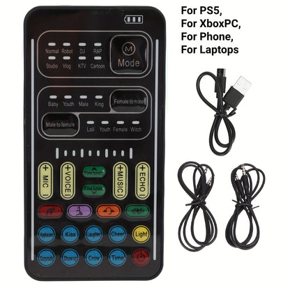Voice Changer Sound Card with 8 Voice Effects & LED Lights, Portable Live Sound Board for PS4, PS5