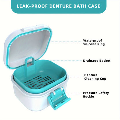 Denture Bath Case Leak-Proof with Drainage Basket Silicone Ring Safety Buckle Portable Travel for an Everyday Personal Care Routine