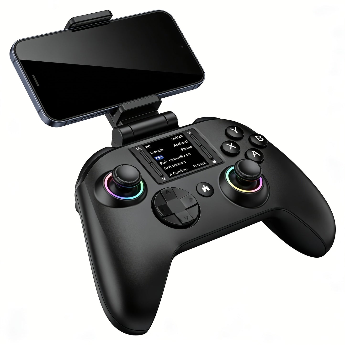 Touchscreen Wireless Gaming Controller in Black with Four Back Buttons and Optional Detachable Phone Bracket
