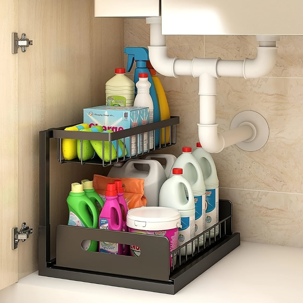 L-Shaped Pull-Out Cabinet Organizer with 14.4 x 10.6 x 11 Inch Frame, 7 Inch Pipe Clearance and 1- or 2-Piece Options