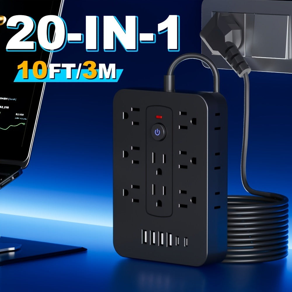 Compact Flat Plug Power Strip 20-in-1, 14 AC Outlets & 6 USB Ports (4 USB-A + 2 USB-C), Lightning Surge Protection