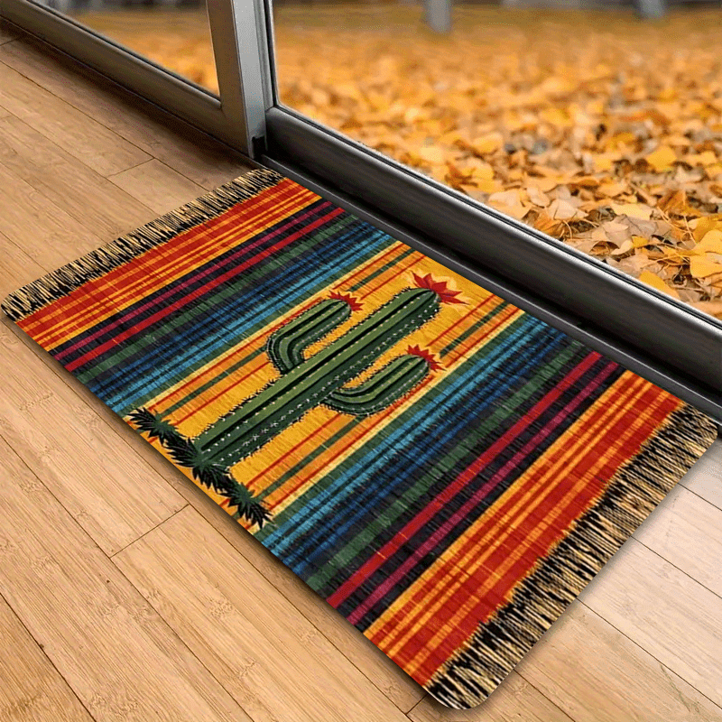 Area Rug Mexican Cactus Stripe Flannel Mat with Five Size and Set Choices for Kitchen or Entryway