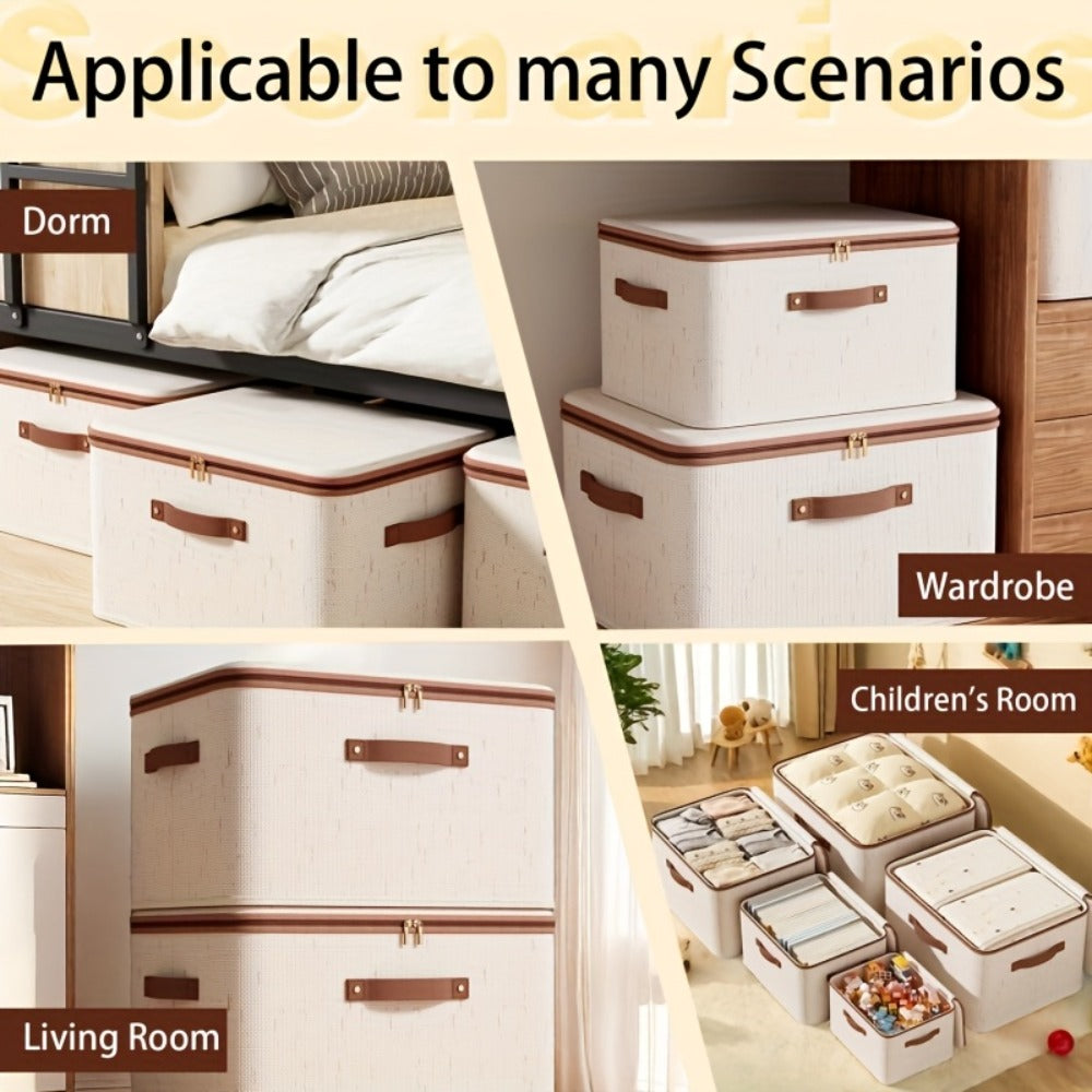 Two-Pack Foldable Fabric Storage Bins with Zipper Lids, Side Handles and Five Size Options