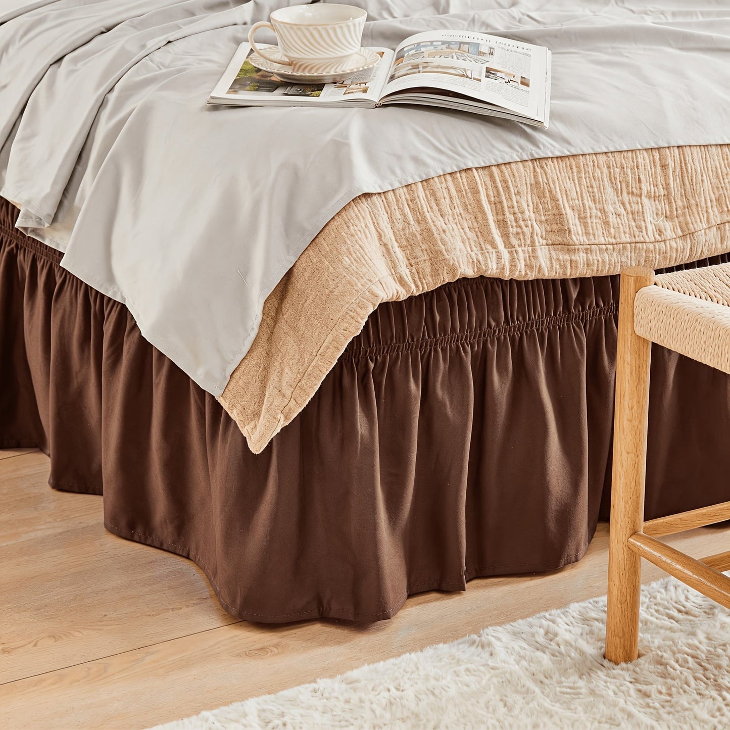 Bed Skirt Elastic Wrap Around Ruffle – 15 Inch Drop Microfiber Dust Ruffle, Adjustable No-Lift Fit, Fade Resistant Machine Washable
