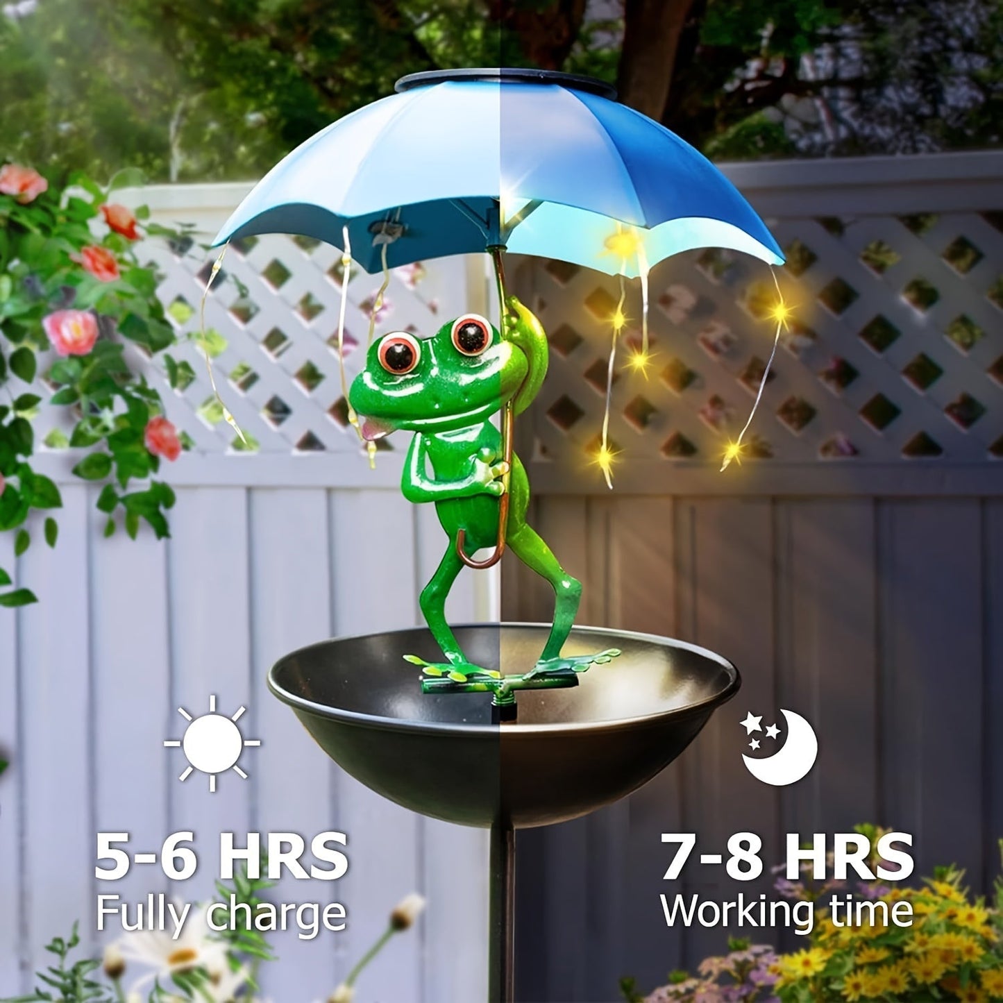 Solar Frog Statue Garden Light with Bird Feeder & LED String Decor, for Garden, Pathway and Patio Lighting