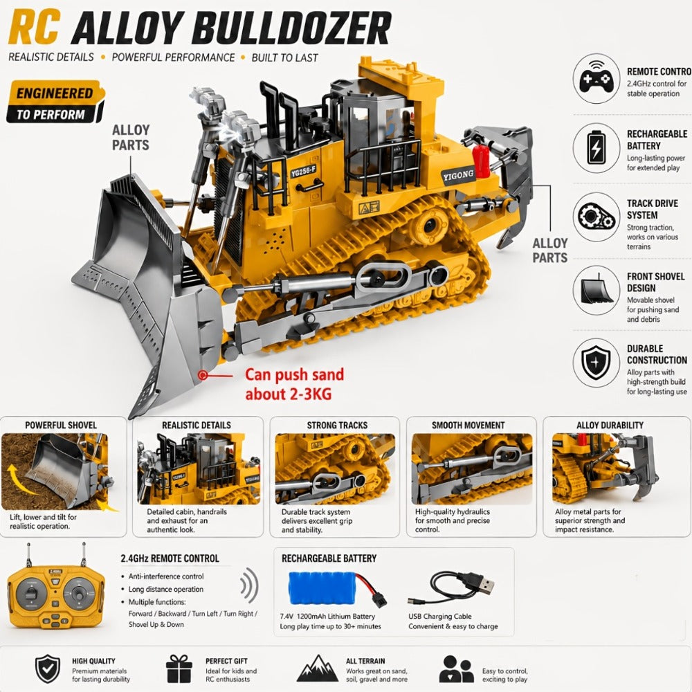 RC Bulldozer 9-Channel 2.4GHz Remote Control, Multifunctional Engineering Vehicle Toy with Alloy Metal Cover