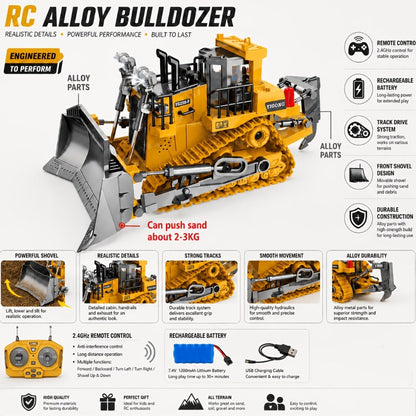 RC Bulldozer 9-Channel 2.4GHz Remote Control, Multifunctional Engineering Vehicle Toy with Alloy Metal Cover
