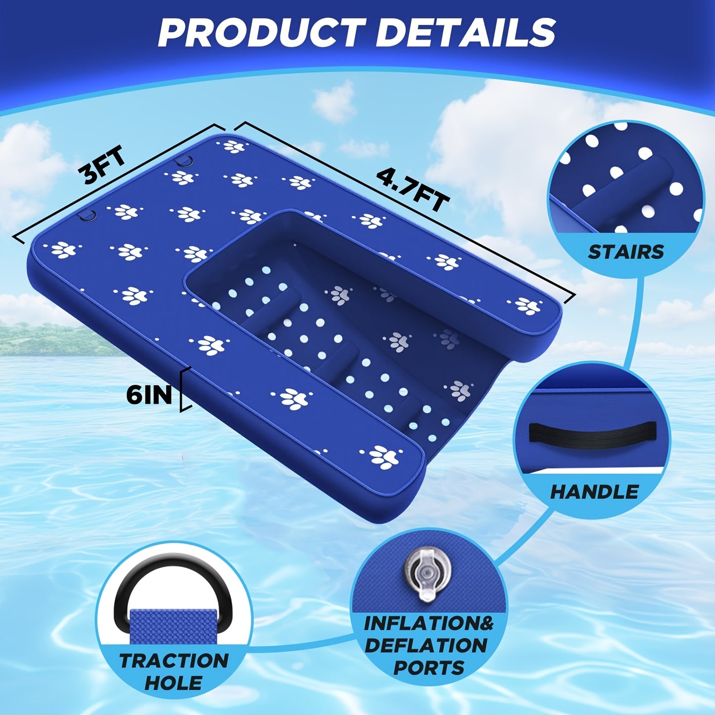 Inflatable Dog Water Ramp Floating Non-Slip – Dog Boat Ramp for Pool Dock & Lake, Oxford PVC Platform with Traction Rope & Air Pump