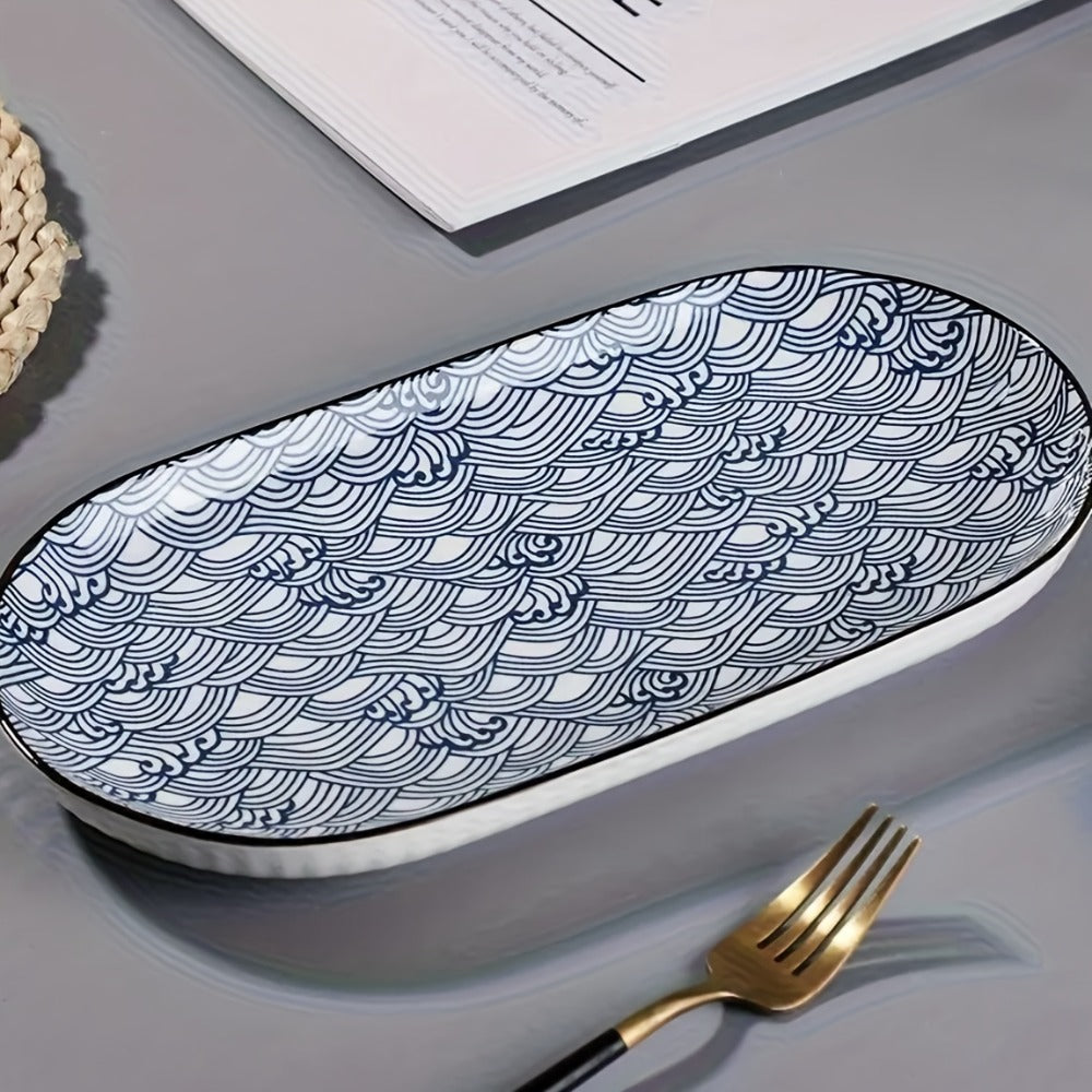 Japanese Blue White Porcelain Fish Plates Set of 4 – 12 Inch Ceramic Serving Plates, Microwave & Oven Safe Steaming Baking Tableware