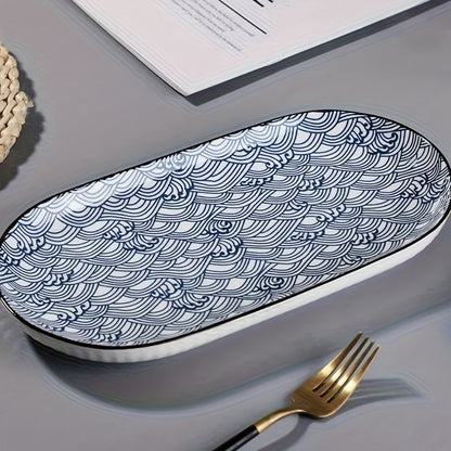 Japanese Blue White Porcelain Fish Plates Set of 4 – 12 Inch Ceramic Serving Plates, Microwave & Oven Safe Steaming Baking Tableware