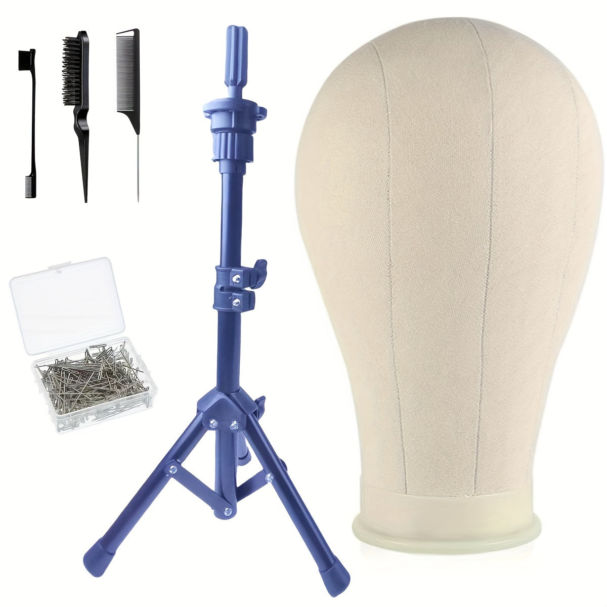 Canvas Mannequin Head and Tripod Wig Stand Kit, 22-Inch Block with Clamp, Pins, Combs and Brushes