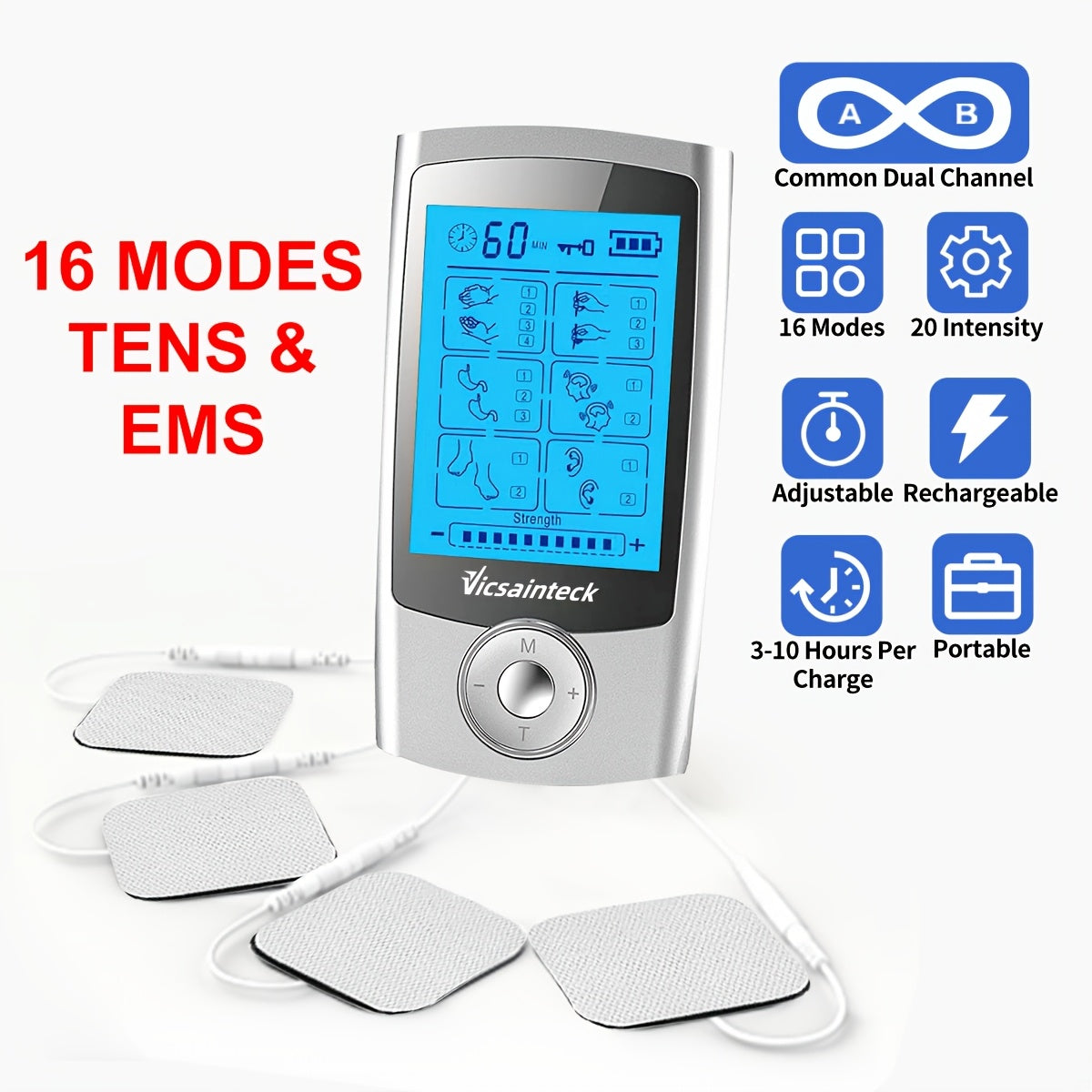 Portable TENS and EMS Handheld Stimulator with 16, 20 or 24 Mode Controller Options and Four Pads