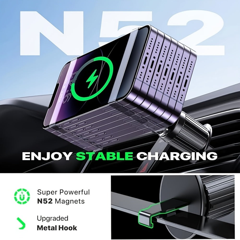 15W Magnetic Wireless Car Charger – Air Vent Mount with N52 Strong Magnet, Fast Charging for iPhone 17 Pro Max / 16 / 15 / 14 / 13 / 12