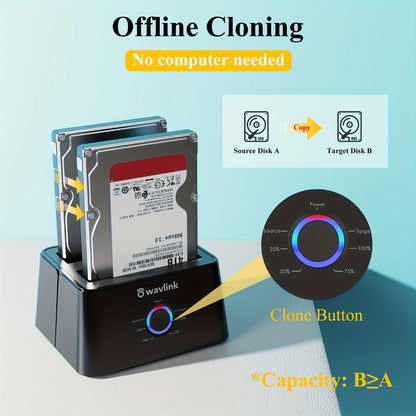 Dual Bay Hard Drive Docking Station USB 3.0 to SATA with Offline Clone Function, Wavlink Tool-Free Dock for 2.5/3.5 Inch HDD SSD