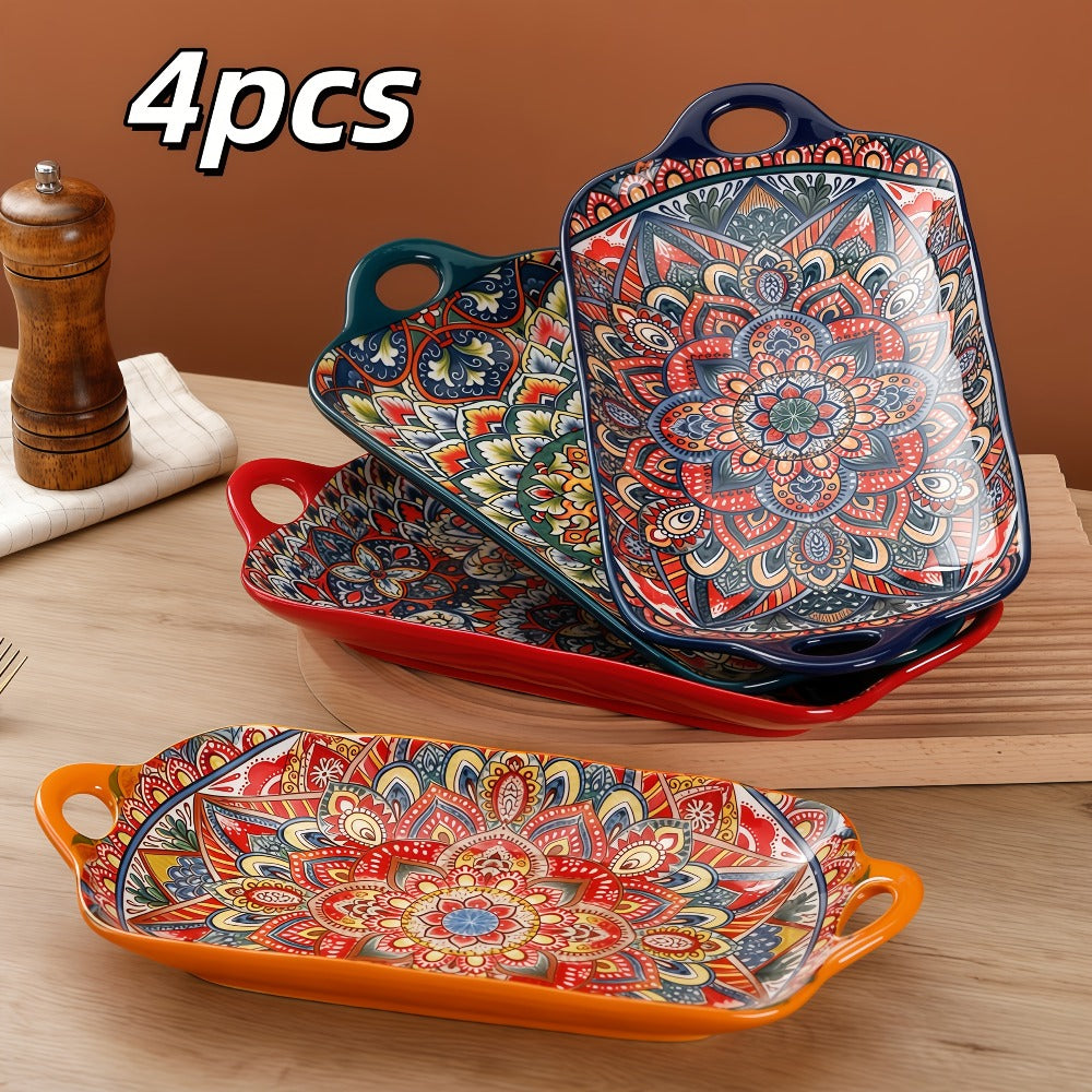Ceramic Serving Platter Set of 4, Bohemian Rectangular Fish Dish with Double Handles, Baking Tray for Sushi Pasta Desserts Salads Fruits