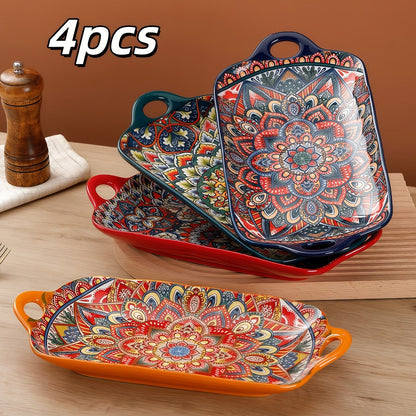 Ceramic Serving Platter Set of 4, Bohemian Rectangular Fish Dish with Double Handles, Baking Tray for Sushi Pasta Desserts Salads Fruits