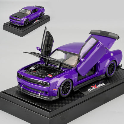 Purple Dodge Sports Car Zinc Alloy Diecast Model with Display Base & Openable Doors, High Simulation Static Display Collectible