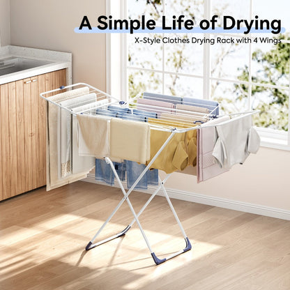 White Four-Wing Folding Clothes Drying Rack with X-Frame, Freestanding Laundry Bars and 55.1 x 37.8-Inch Layout