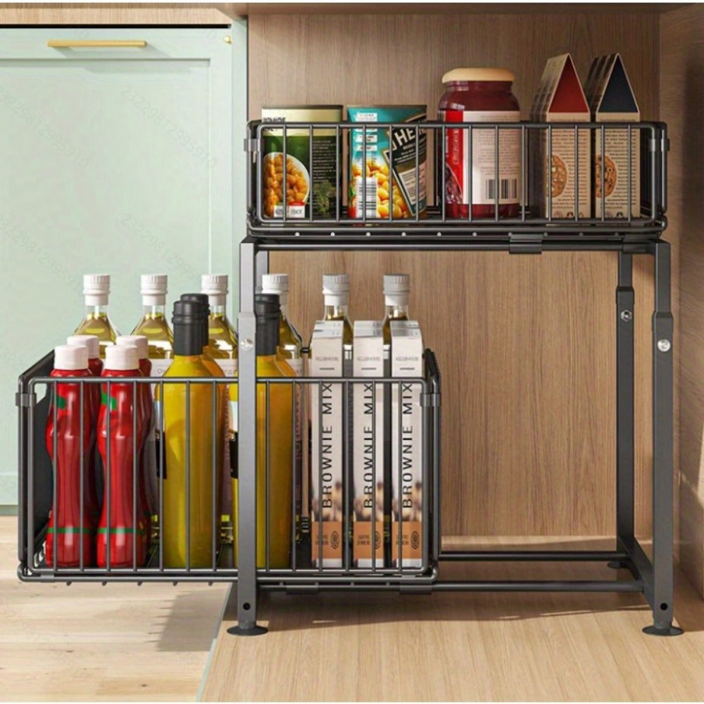 Under Sink Organizer 2-Tier Pull Out – Adjustable Height Carbon Steel Cabinet Storage Shelf for Kitchen and Bathroom