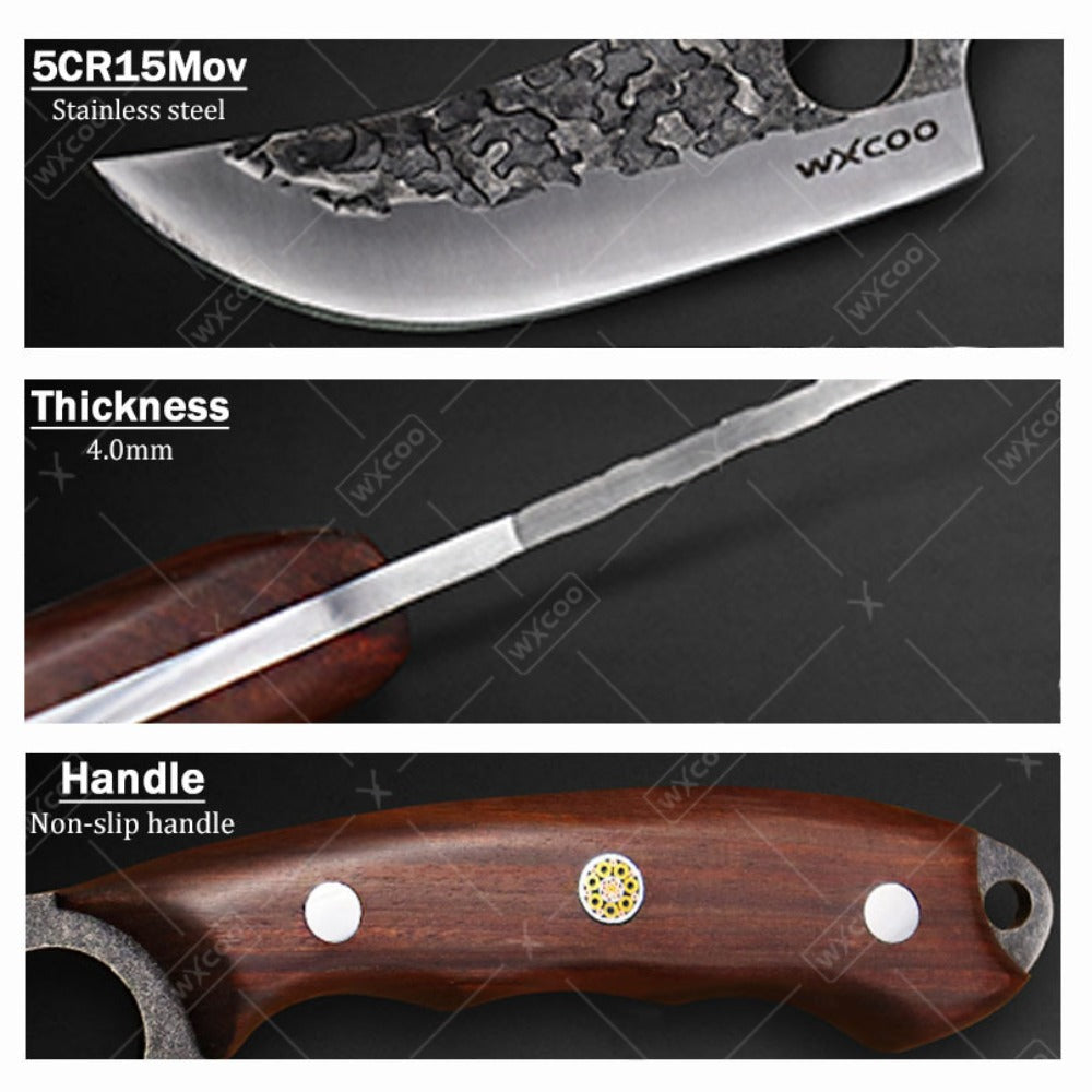 Viking Chef Knife Set 3/4pcs Hammered Stainless Steel Kitchen Knives – Boning, Utility & BBQ Knife with Wooden Handle for Cooking