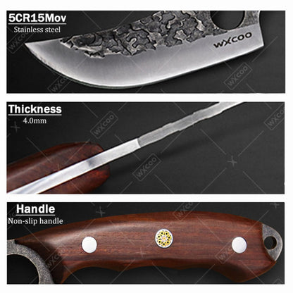 Viking Chef Knife Set 3/4pcs Hammered Stainless Steel Kitchen Knives – Boning, Utility & BBQ Knife with Wooden Handle for Cooking