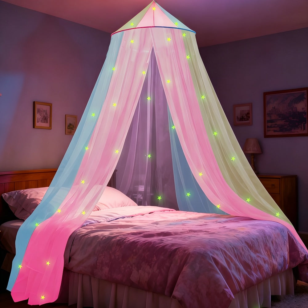 Bed Canopy for Girls Princess Rainbow Glow in the Dark Stars Colorful Canopy Curtain Fits for Entryways, Bedrooms and Living Spaces