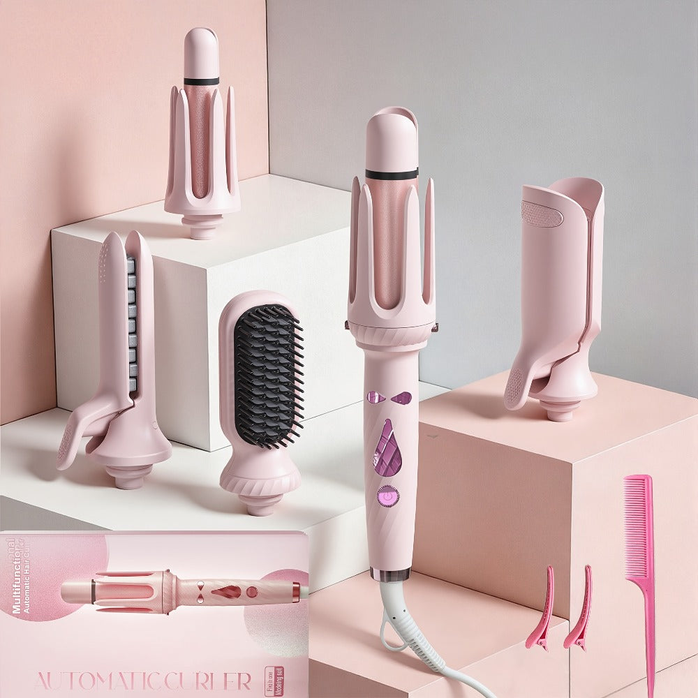 5-in-1 Hair Styler Set with Interchangeable Curling Wand & Straightening Brush - Multi Barrel Curling Iron Kit for Waves