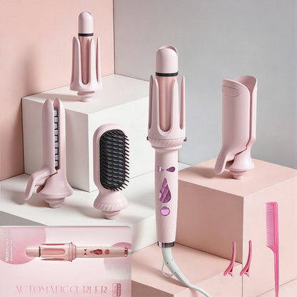 5-in-1 Hair Styler Set with Interchangeable Curling Wand & Straightening Brush - Multi Barrel Curling Iron Kit for Waves