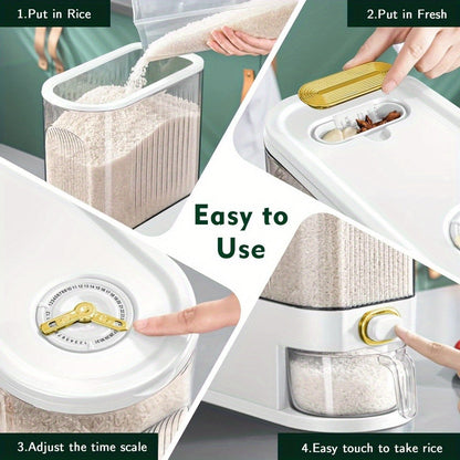 Rice Dispenser with Top-Fill Bin, Measuring Cup and 11 lb or 22.05 lb Gray and White Options