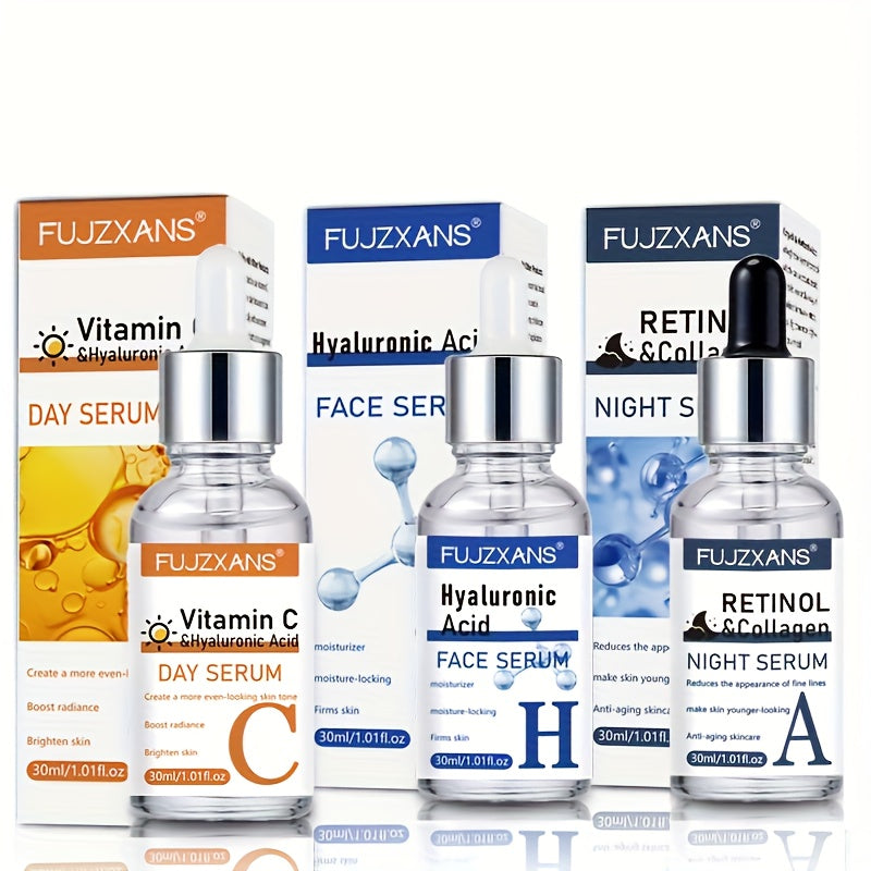 Vitamin C Retinol Hyaluronic Acid Serum Set, 3-Piece Day & Night Dropper Kit with Collagen & Glycerol