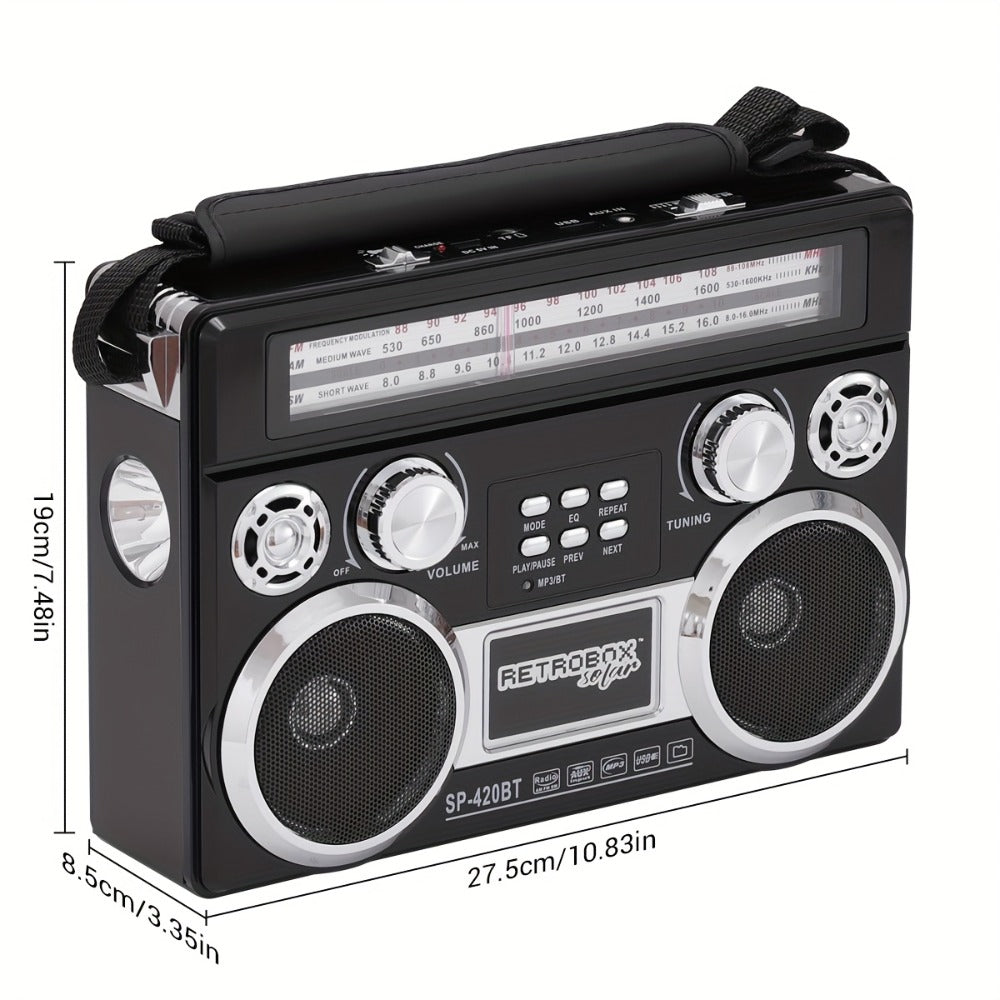 Solar Powered Bluetooth Radio Retro Portable AM FM SW with LED Flashlight, TF SD USB AUX MP3 Playback
