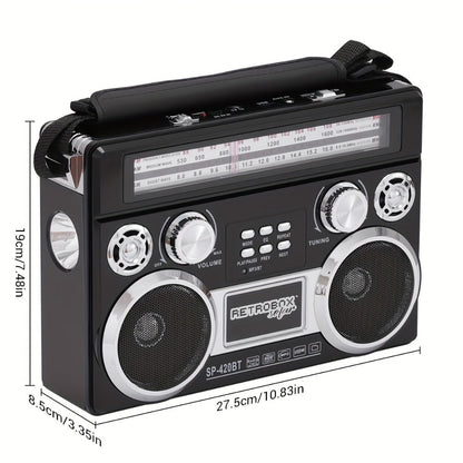 Solar Powered Bluetooth Radio Retro Portable AM FM SW with LED Flashlight, TF SD USB AUX MP3 Playback