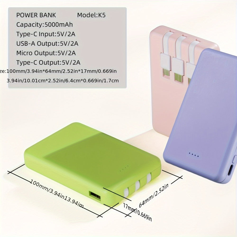 Power Bank Slim 5000mAh or 10000mAh with Built-In USB-C Cable, Four-Device Layout and LED Display