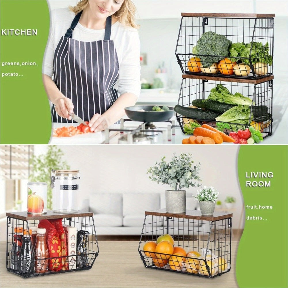 Wall-Mounted Fruit Basket with Wooden Cover – 2-Tier Metal Kitchen Storage Basket with Hooks, Stackable Hanging Organizer for Potatoes