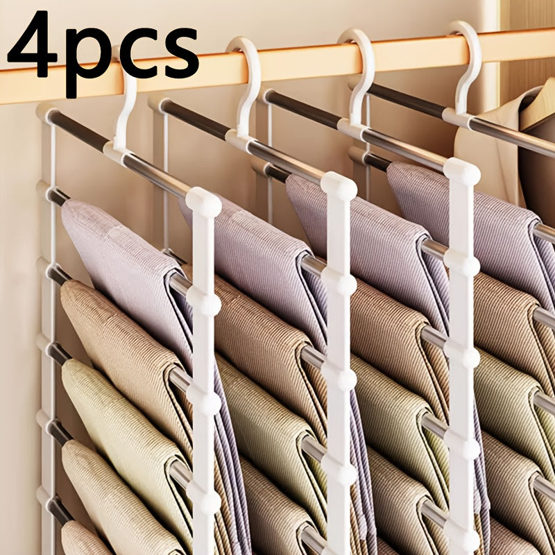 Pants Hangers Foldable Multi-Layer Stainless Steel | Non-Slip Space Saving Closet Organizer for Jeans Leggings Scarves Trousers | 4 or 8