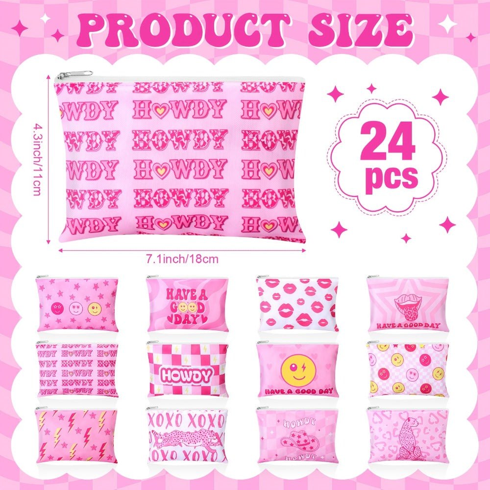 Bulk Cosmetic Bags 24-Pack Pink Howdy Western Zipper Makeup Pouches Party Favor Set for Women Girls Birthday Bachelorette Bridal Shower
