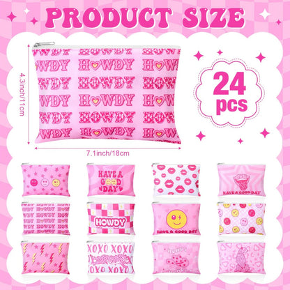 Bulk Cosmetic Bags 24-Pack Pink Howdy Western Zipper Makeup Pouches Party Favor Set for Women Girls Birthday Bachelorette Bridal Shower