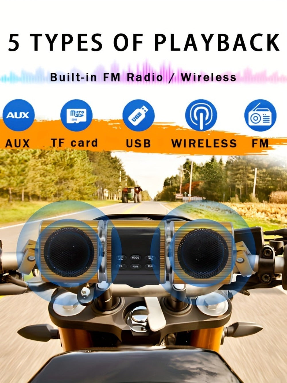 Motorcycle Bluetooth Speaker Sound Bar with Built-in Amplifier – IPX5 Waterproof, FM Radio, USB & AUX Input