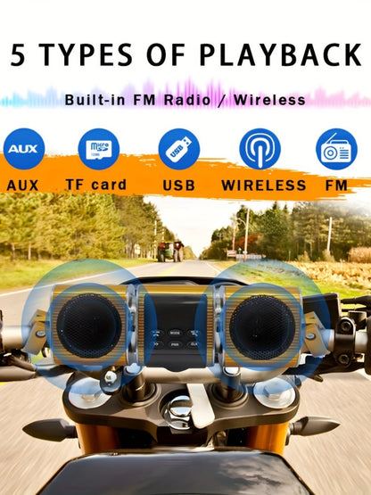 Motorcycle Bluetooth Speaker Sound Bar with Built-in Amplifier – IPX5 Waterproof, FM Radio, USB & AUX Input