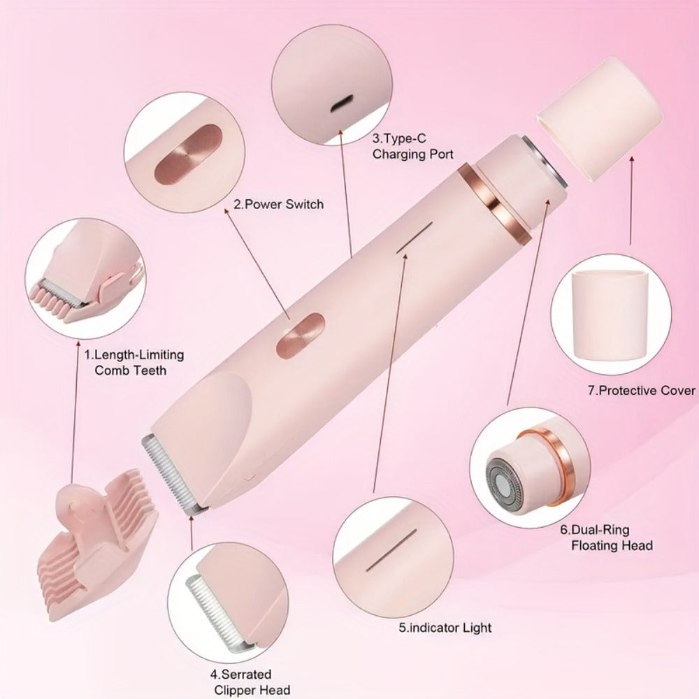 Bikini Trimmer Electric 2-in-1 Rechargeable Dual-Head Face Shaver for Women – Stainless Steel Blade USB Cordless Hair Remover for Bikini